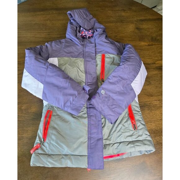 Girls Purple & Gray Hooded Winter Jacket With Polka Dot Lining Red Zippers & Fle - Picture 2 of 16